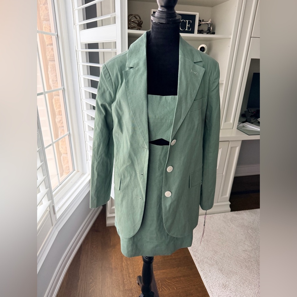 AVEC LES FILLES Sage Green Linen Matching Dress & Blazer Set 2 Pieces SZ XS NEW - Picture 11 of 15
